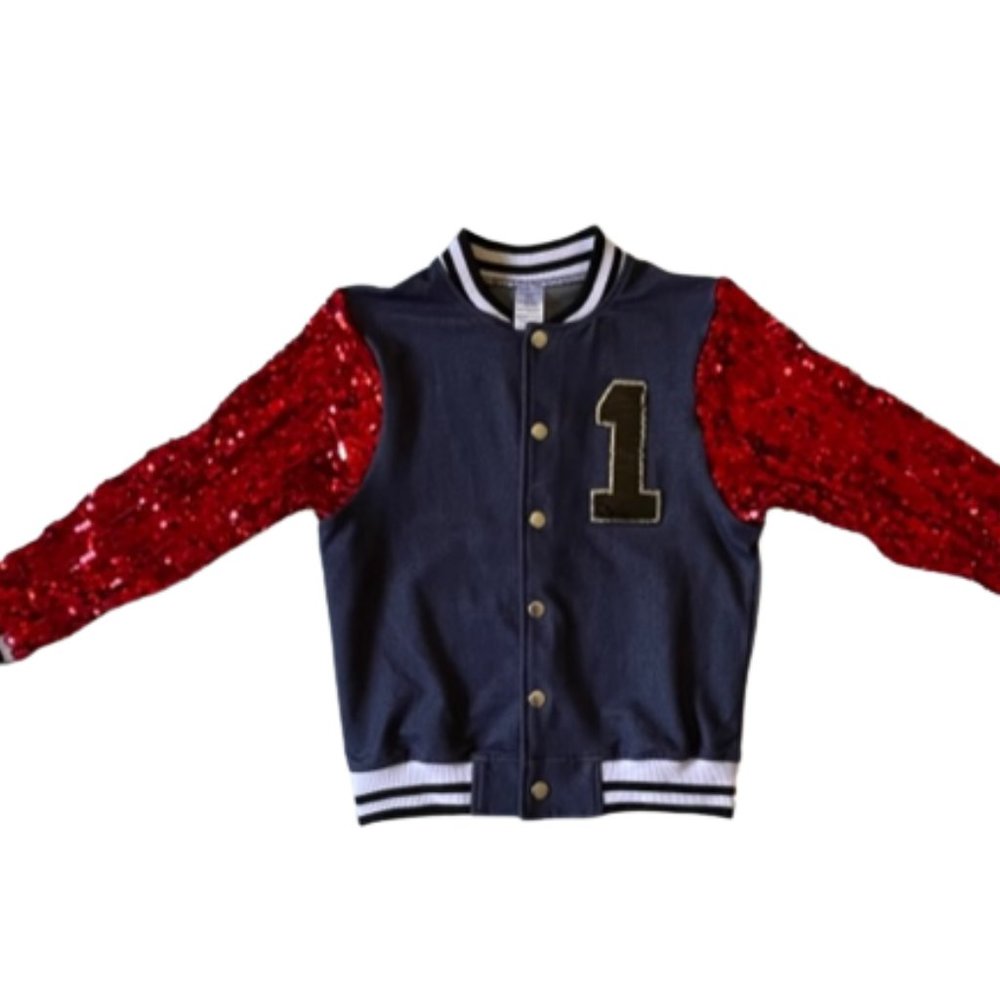 Varsity Jacket with Red Sequin Sleeves used as dance/performance costume. Size M